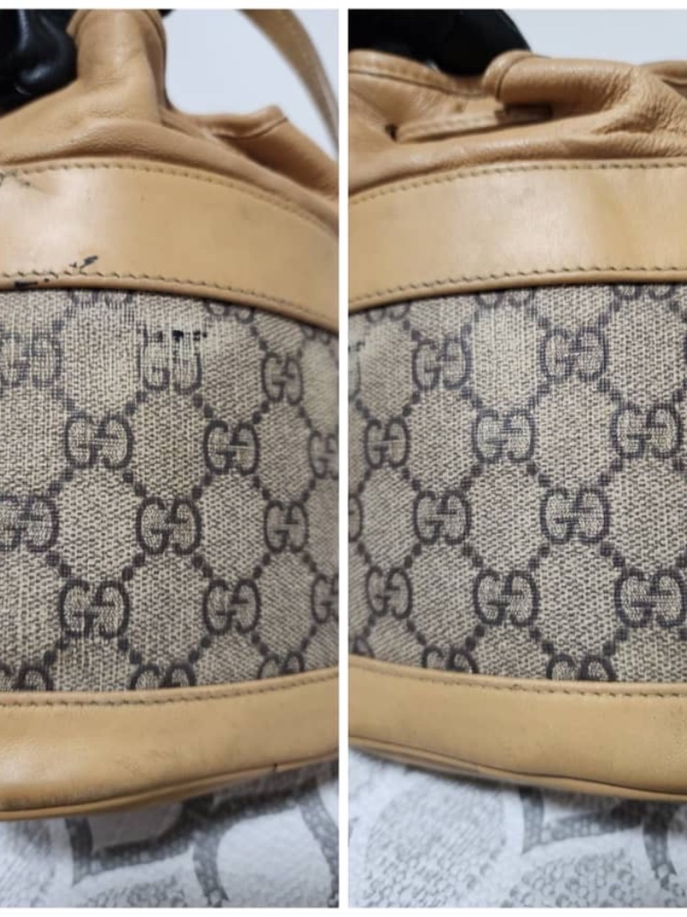Authentic GUCCI Vintage Monogram Canvas Mini Drawstring Bucket Bag Brown/Beige - Picture 12 of 13